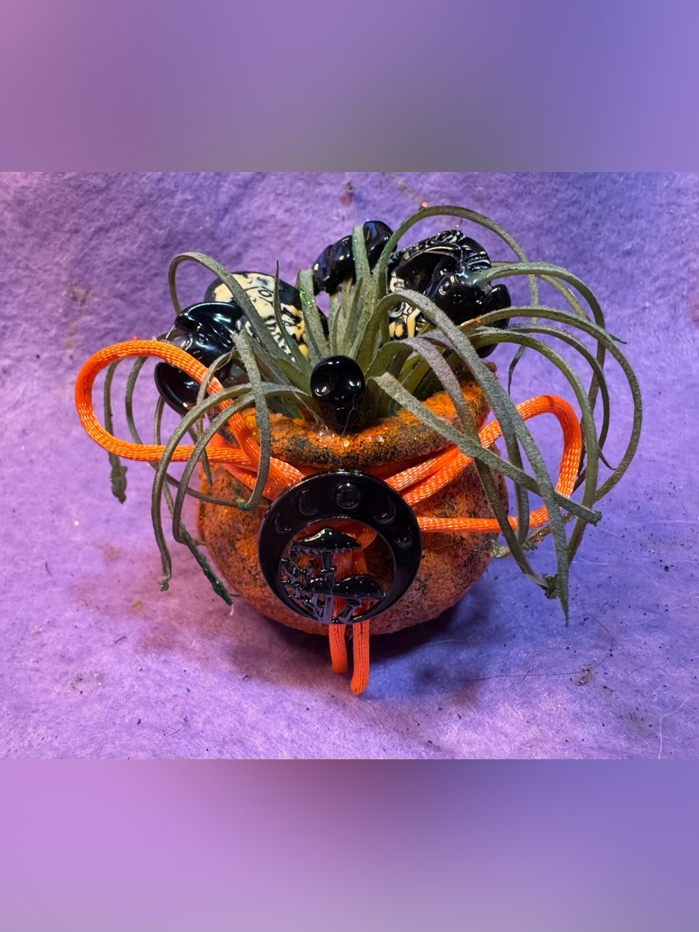 Handmade Orange mini cauldron with faux plant & Black mushroom Accent